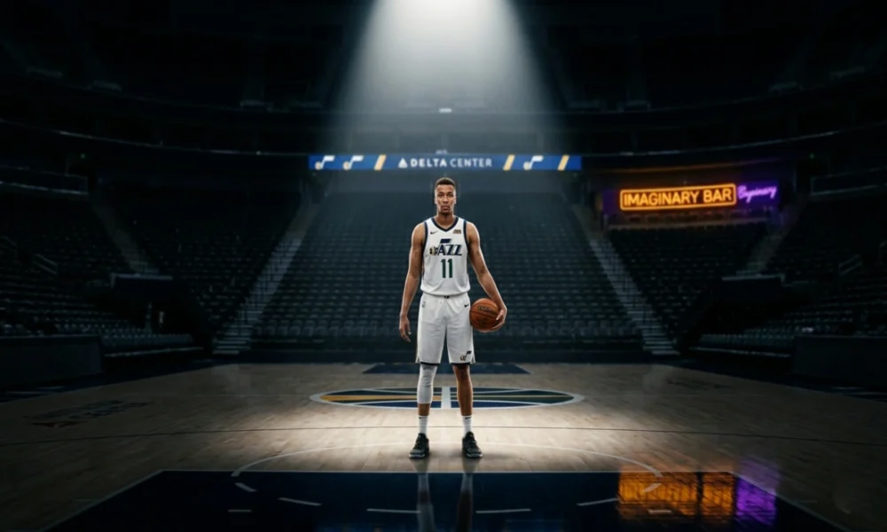 Dante Exum Utah Jazz player holding basketball on an empty NBA court