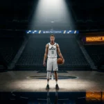 Dante Exum Utah Jazz player holding basketball on an empty NBA court