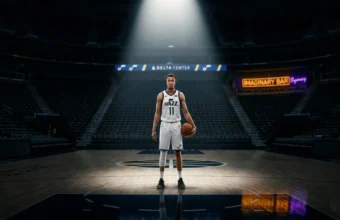 Dante Exum Utah Jazz player holding basketball on an empty NBA court