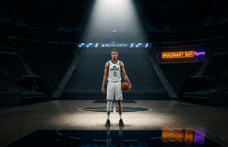 Dante Exum Utah Jazz player holding basketball on an empty NBA court