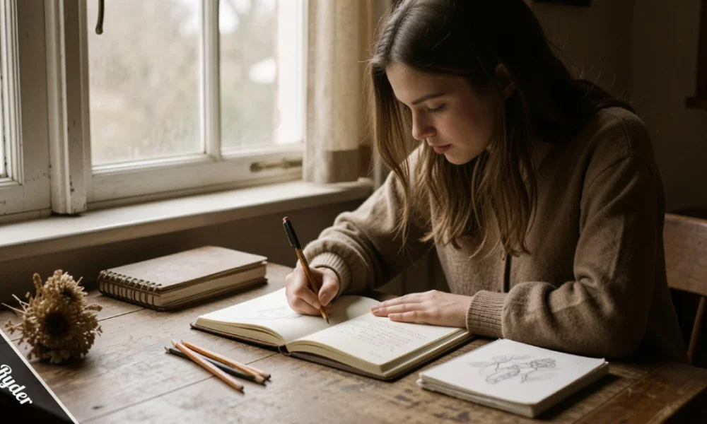 Daylin Ryder inspired creative expression — woman writing in journal with art supplies in natural light