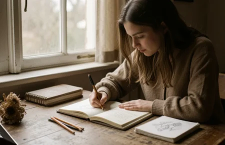 Daylin Ryder inspired creative expression — woman writing in journal with art supplies in natural light