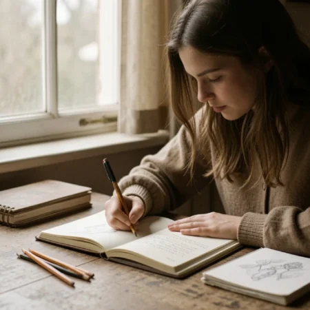Daylin Ryder inspired creative expression — woman writing in journal with art supplies in natural light