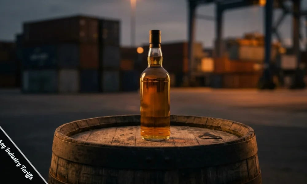 Irish whiskey bottle on a barrel representing Irish whiskey industry tariff warning