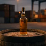Irish whiskey bottle on a barrel representing Irish whiskey industry tariff warning
