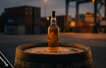 Irish whiskey bottle on a barrel representing Irish whiskey industry tariff warning