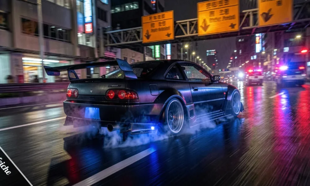 Customized sports car racing through a neon-lit city street at night — inspired by Jipinfeiche Need for Speed