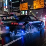 Customized sports car racing through a neon-lit city street at night — inspired by Jipinfeiche Need for Speed