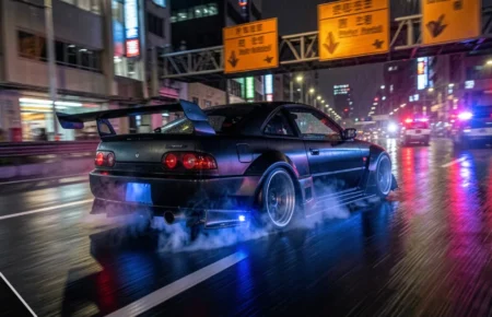Customized sports car racing through a neon-lit city street at night — inspired by Jipinfeiche Need for Speed