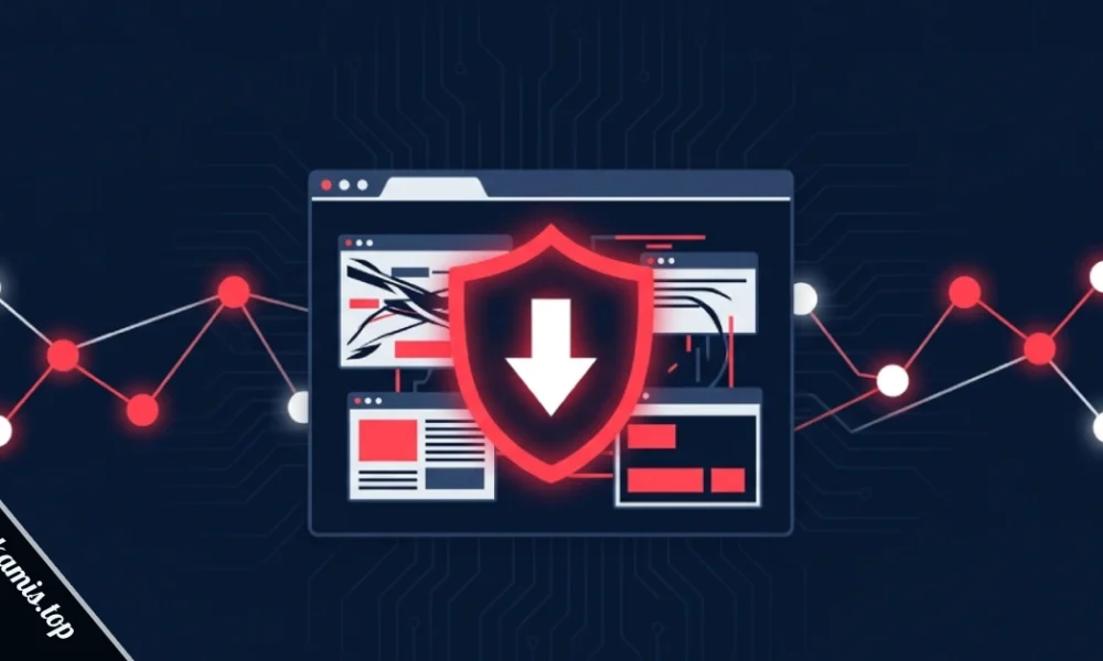 Red warning shield showing murgakamis.top virus forcing an automatic file download in a browser