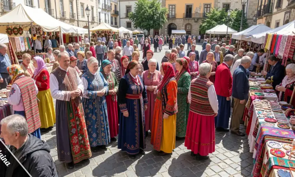 People in traditional clothing sharing food and music at an Onnilaina heritage and unity festival outdoors