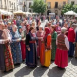 People in traditional clothing sharing food and music at an Onnilaina heritage and unity festival outdoors