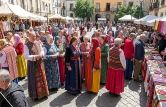 People in traditional clothing sharing food and music at an Onnilaina heritage and unity festival outdoors
