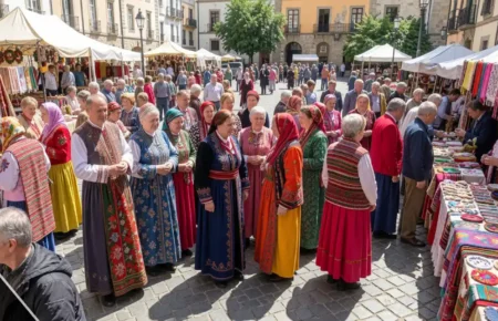 People in traditional clothing sharing food and music at an Onnilaina heritage and unity festival outdoors