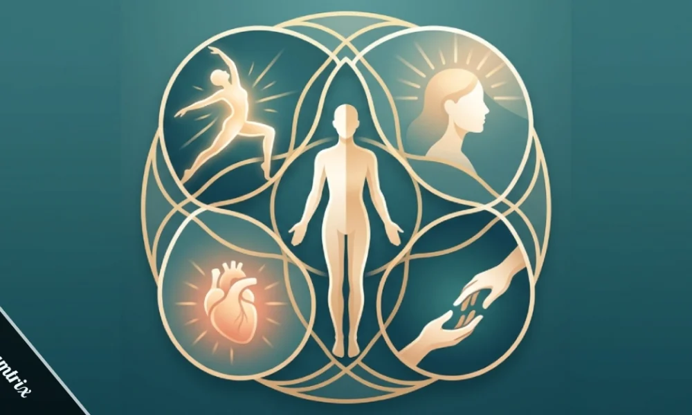 Orgasamtrix holistic wellness concept showing mind body and emotional balance connected in a matrix