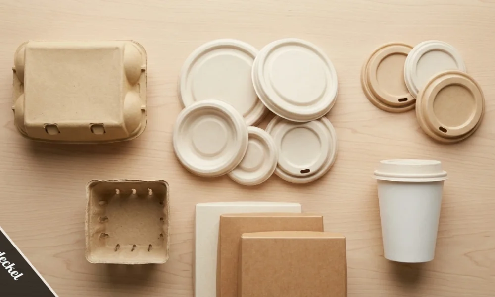 Moulded pulp pappedeckel paper lids next to an egg carton and berry basket on a wooden surface