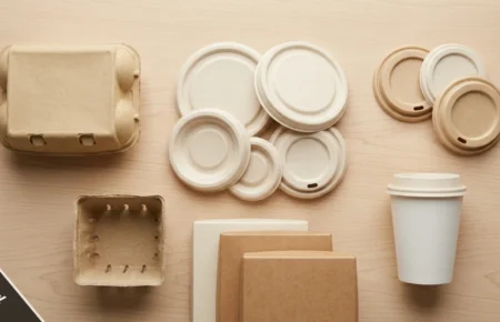 Moulded pulp pappedeckel paper lids next to an egg carton and berry basket on a wooden surface