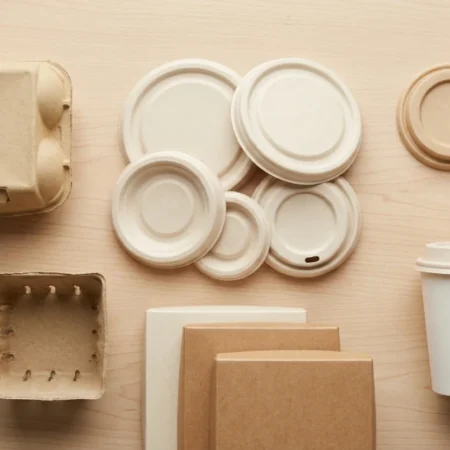 Moulded pulp pappedeckel paper lids next to an egg carton and berry basket on a wooden surface