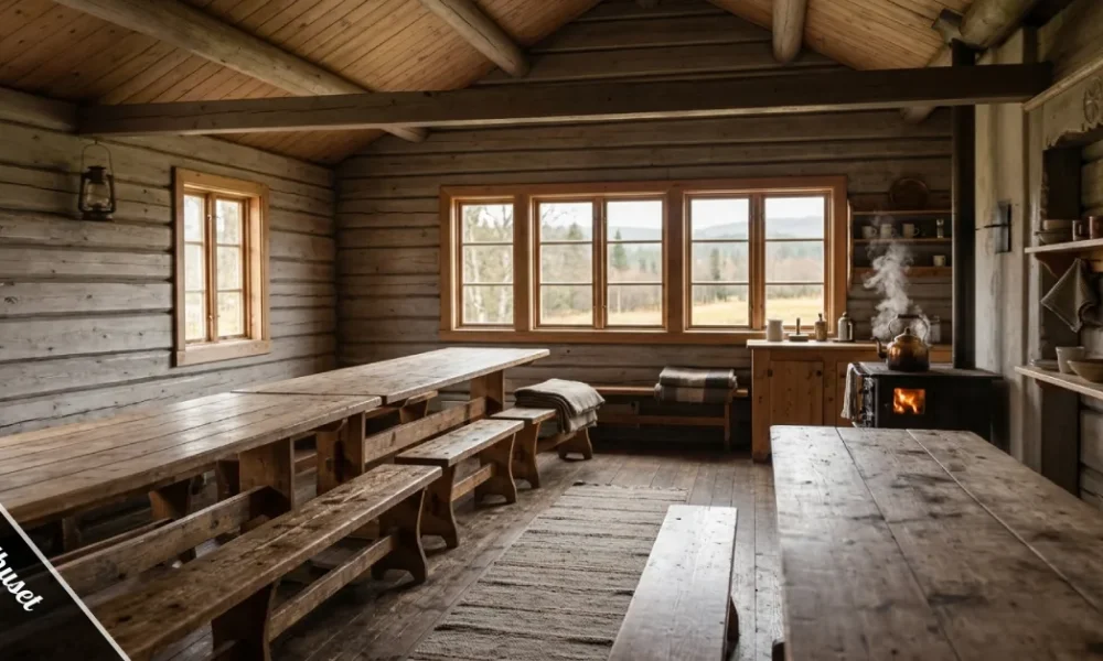 Inside a traditional pindhuset — a simple Nordic wooden community hall with long tables and warm natural light