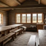 Inside a traditional pindhuset — a simple Nordic wooden community hall with long tables and warm natural light