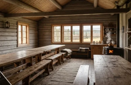 Inside a traditional pindhuset — a simple Nordic wooden community hall with long tables and warm natural light