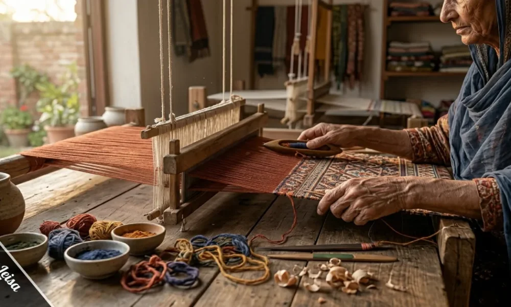 Artisan hands hand-weaving a Portar Leisa traditional textile using natural fibers and plant-based dyes