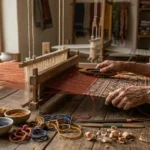 Artisan hands hand-weaving a Portar Leisa traditional textile using natural fibers and plant-based dyes