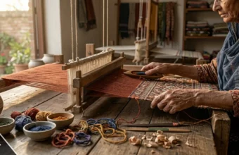 Artisan hands hand-weaving a Portar Leisa traditional textile using natural fibers and plant-based dyes