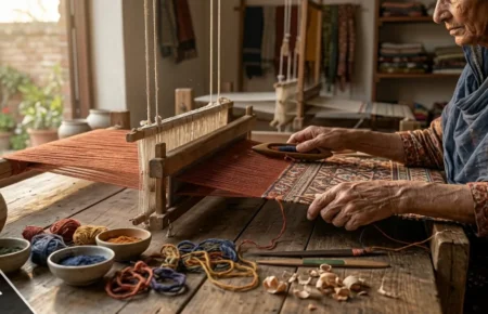 Artisan hands hand-weaving a Portar Leisa traditional textile using natural fibers and plant-based dyes