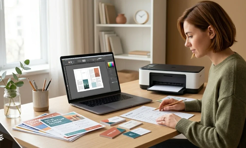 Printely review 2026 – person checking printed flyers and business cards at a home desk