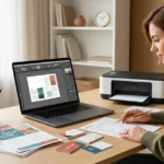 Printely review 2026 – person checking printed flyers and business cards at a home desk