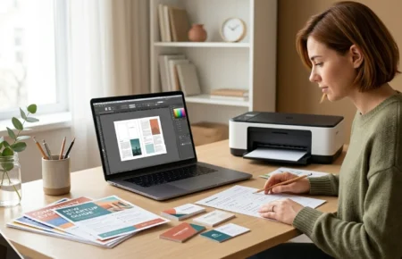 Printely review 2026 – person checking printed flyers and business cards at a home desk