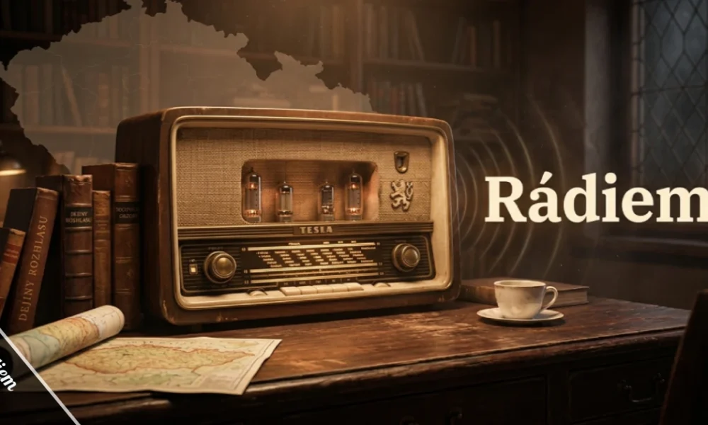 Vintage radio with Czech word rádiem and sound waves showing radio communication