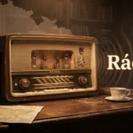 Vintage radio with Czech word rádiem and sound waves showing radio communication