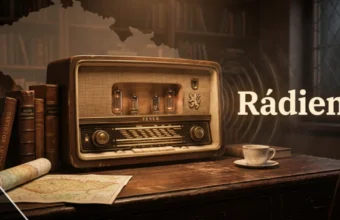 Vintage radio with Czech word rádiem and sound waves showing radio communication