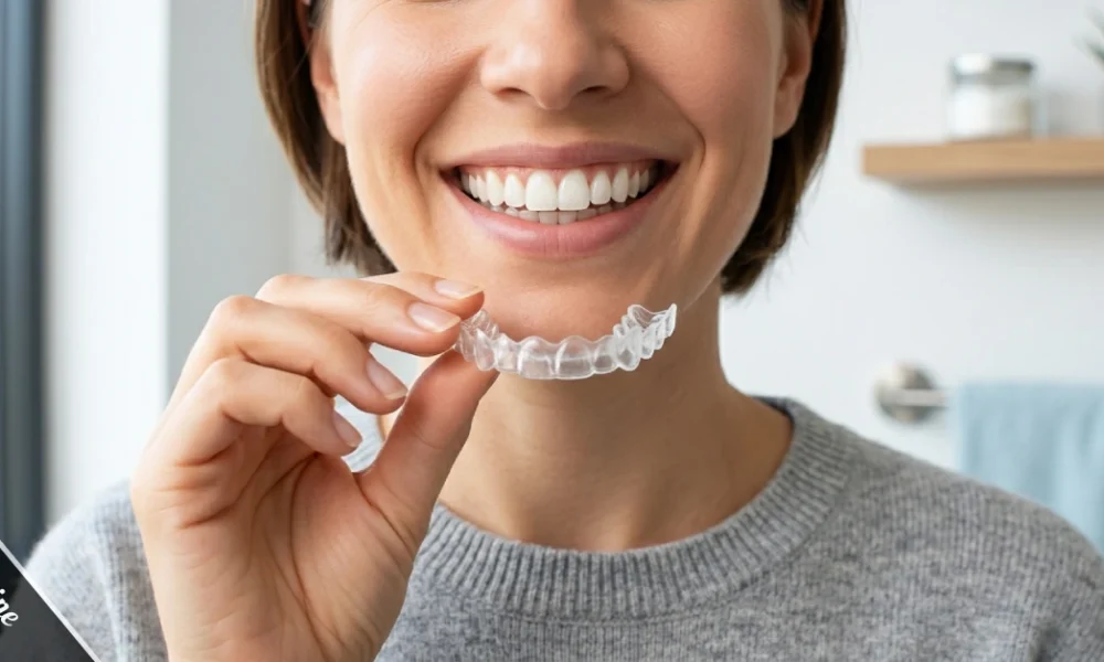 Person holding a Retiline clear aligner tray while smiling with straight teeth