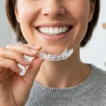 Person holding a Retiline clear aligner tray while smiling with straight teeth
