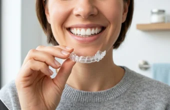 Person holding a Retiline clear aligner tray while smiling with straight teeth