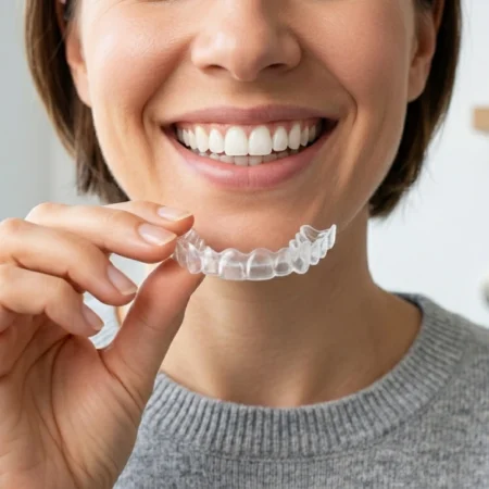 Person holding a Retiline clear aligner tray while smiling with straight teeth