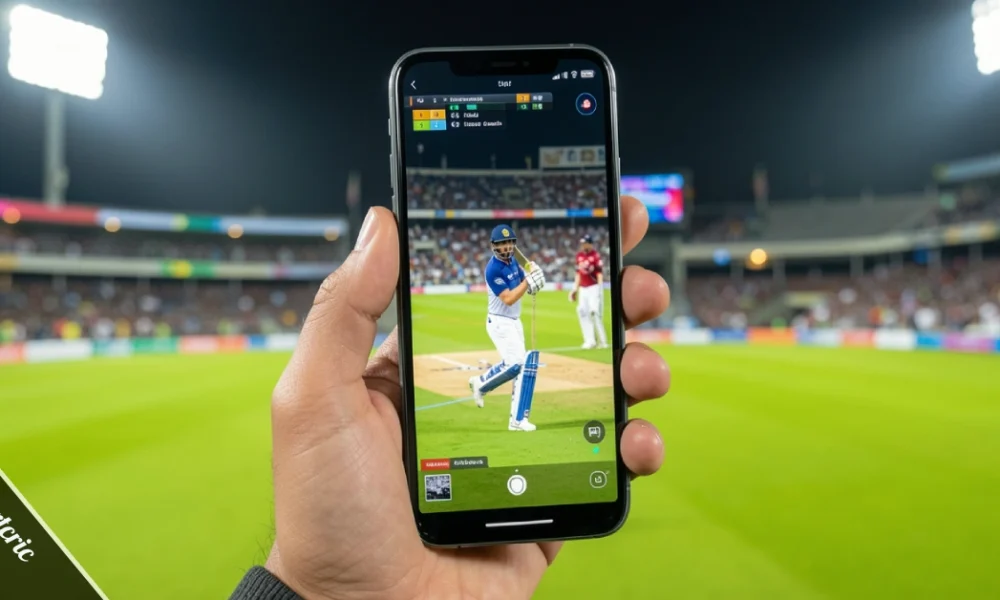 Smartcric live cricket streaming on a mobile phone with a cricket stadium in the background