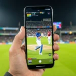 Smartcric live cricket streaming on a mobile phone with a cricket stadium in the background