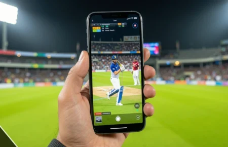 Smartcric live cricket streaming on a mobile phone with a cricket stadium in the background