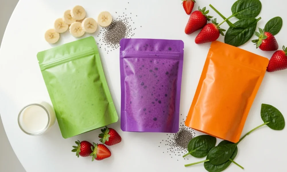 Reusable smoothiepussit pouches filled with colorful homemade smoothies surrounded by fresh fruit and seeds on a white surface