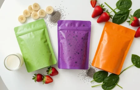 Reusable smoothiepussit pouches filled with colorful homemade smoothies surrounded by fresh fruit and seeds on a white surface
