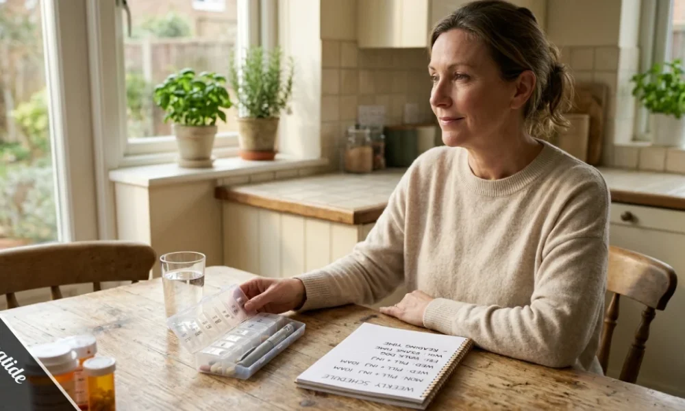 Tirzepatide side effects and dosage tracker with weekly injection pen and notes on a kitchen table