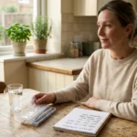 Tirzepatide side effects and dosage tracker with weekly injection pen and notes on a kitchen table