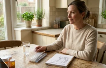 Tirzepatide side effects and dosage tracker with weekly injection pen and notes on a kitchen table