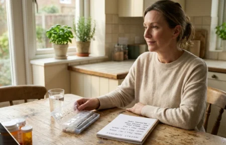 Tirzepatide side effects and dosage tracker with weekly injection pen and notes on a kitchen table