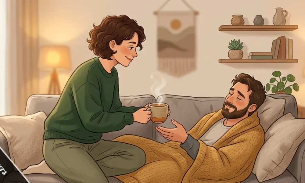 A caring partner showing wifekivers behavior by bringing comfort to their loved one at home