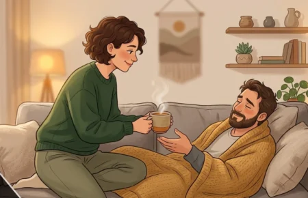 A caring partner showing wifekivers behavior by bringing comfort to their loved one at home